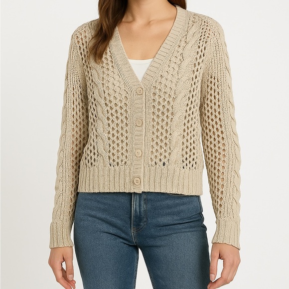 Inhabit Beige Crochet Knit Cardigan Cotton Sweater - Picture 1 of 8